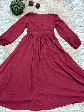 Girls' Long Sleeve Burgundy Smocked Waist Dress